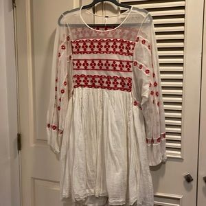 Free People White Dress with Red Embroidery Detail - Size L
